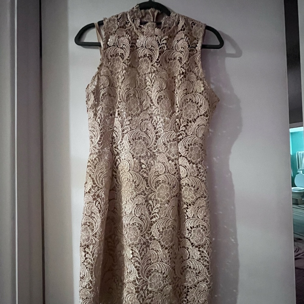 Gracia Tan/Gold Sleeveless Halter Sheath Midi Dress